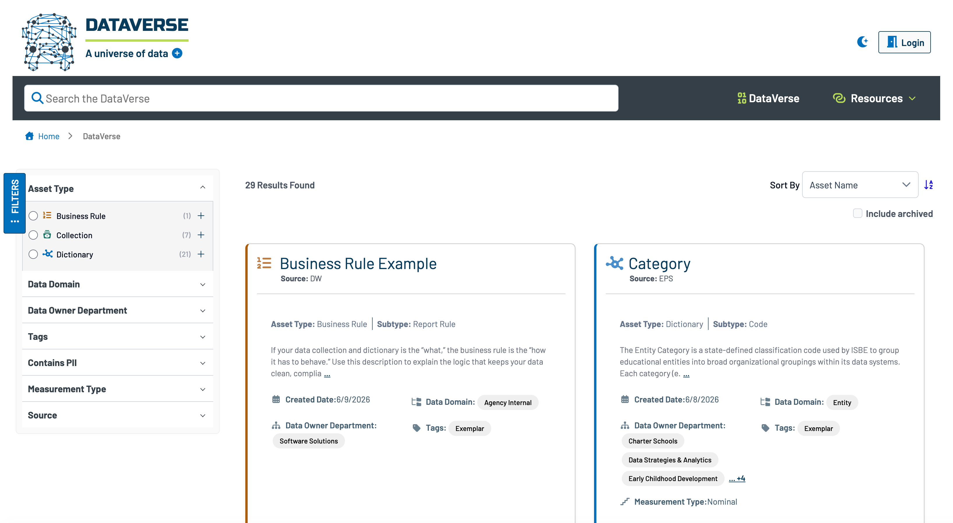 A screenshot of the data dictionary catalog.